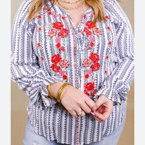 Savanna Jane Floral Embroidery Blouse with Ties Vertical Stripe